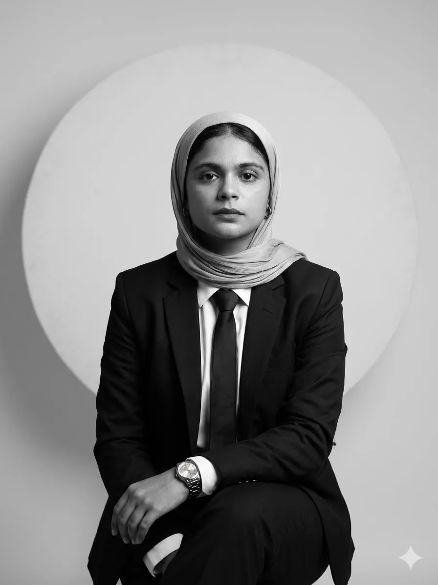 Top best freelance digital marketing analyst in Qatar wearing a professional black suit and headscarf, seated against a minimalist light background.